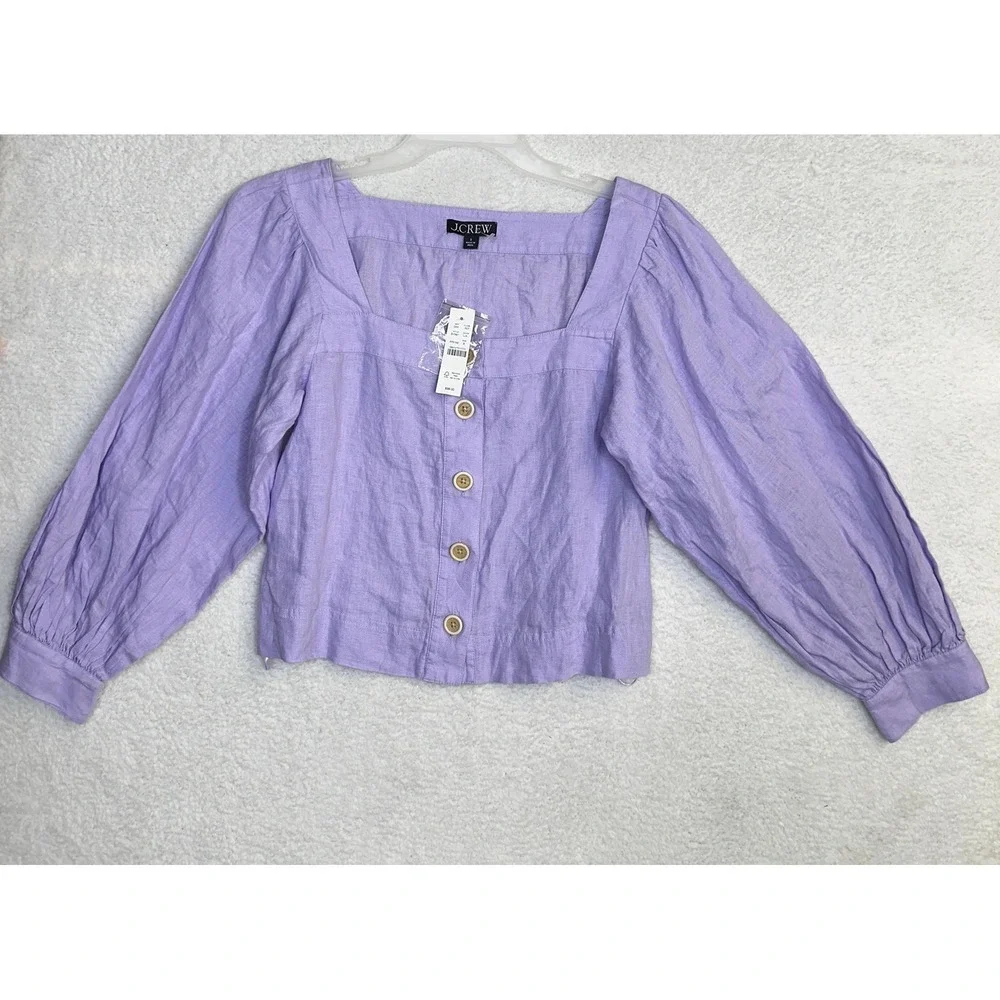 J.‎ Crew Linen Puff Sleeve Square Neck Crop Top Lilac Size S-New-